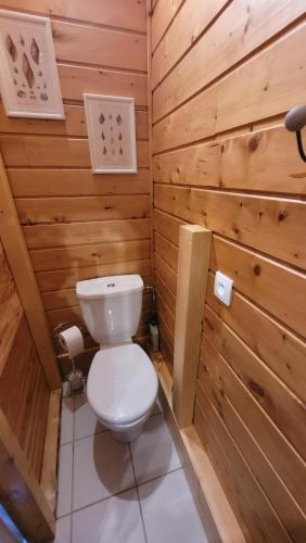 a bathroom with a toilet in a wooden wall at Reflet de Bien Être in Marsoulas