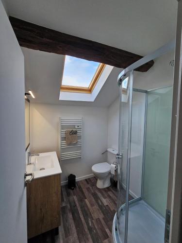 La salle de bains est pourvue d'un lavabo, de toilettes et d'une lucarne. dans l'établissement Joli appartement mansardé, à Decize