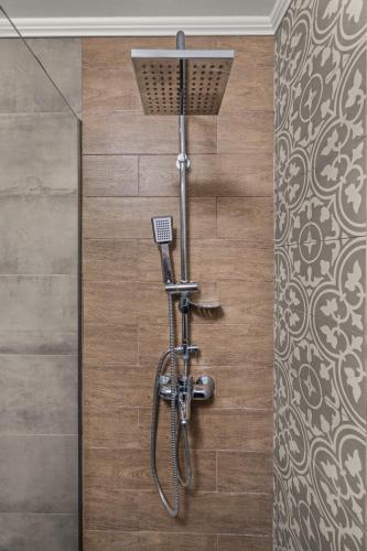 eine Dusche in einem Badezimmer mit Duschkopf in der Unterkunft Ammos stegna in Archangelos