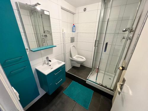 a bathroom with a toilet and a sink and a shower at 014 CHIC & COSY GRAND APPART DUPLEX 76m2 WIFI SMART TV NETFLIX ET VUE PANORAMIQUE in Saint-Étienne