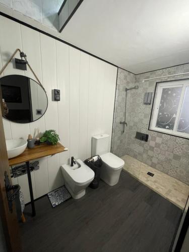 a bathroom with a toilet and a sink and a tv at Casa rural los J esuses in Lillo