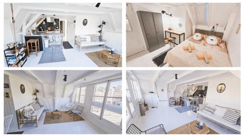 un collage de trois photos d'un salon et d'une chambre dans l'établissement JoyJoyJoy the Royalty ecolicous design house in a historic Canalhouse from 1618 with 2 bedrooms with top floor views over the canals, à Amsterdam