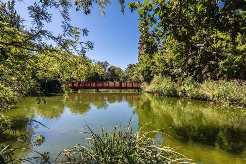 un pont rouge sur une rivière avec des arbres et de l'eau dans l'établissement Maison Cosy Plage à 10 min, Parking, Climatisation, Wi-Fi, à Saint Cyprien Plage
