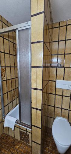 a bathroom with a toilet and a shower and a tub at Pension Edi in Leutasch