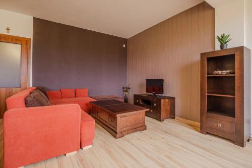 a living room with an orange couch and a tv at Apartman Lomnica Tatry view C13 in Veľká Lomnica