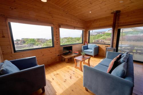 a living room with two blue couches and a tv at Loica in Pichilemu