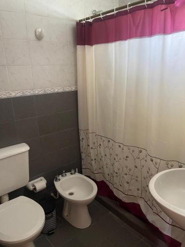 a bathroom with a toilet and a sink and a shower curtain at YaniYami in Potrero de los Funes