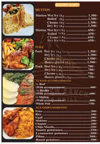 a menu for a restaurant with different types of food at Rawhew Ranch - Kinamba, Naivasha Kenya in Naivasha