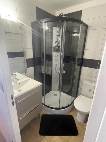 une salle de bain avec une douche, des toilettes et un lavabo dans l'établissement Superbe appartement moderne avec piscine, au Barcarès