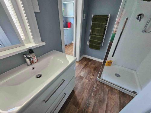 a bathroom with a white sink and a shower at Holiday Home on Iconic Tay St Location 3 bedrooms in Mount Maunganui