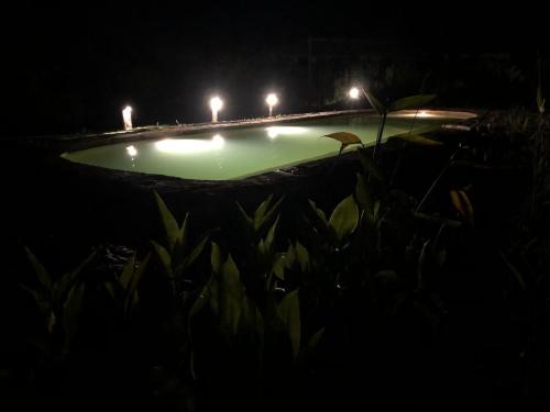 a swimming pool at night with lights in the background at Caliu Earthship Ecolodge in Colonia del Sacramento