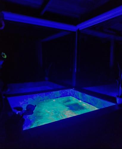 a dark room with a fish tank with blue lights at Bungalow con jacuzzi YeyYe in Chachagua