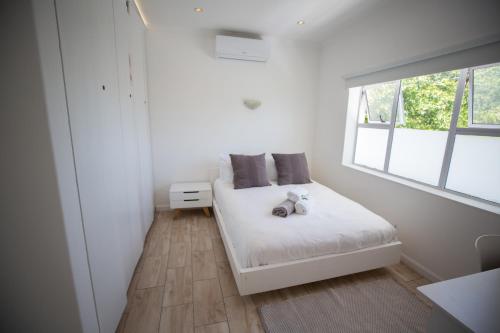 a white bedroom with a bed with a stuffed animal on it at theLAB Luxury Backpackers in Franschhoek