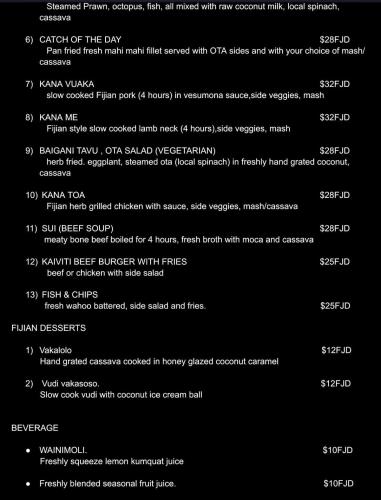 uno screenshot di una pagina di un menu per un ristorante di Survivour Home a Nadi