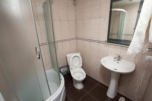 a bathroom with a toilet and a sink at Mestiatour Guest House in Mestia