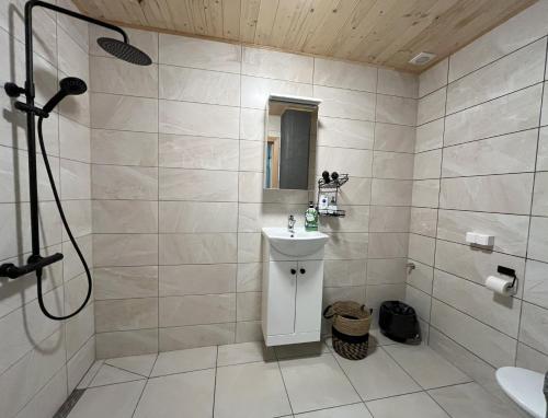 un baño con lavabo y ducha en AUDRU APARTMENT Near Audru Golf and Valgeranna beach, en Audru