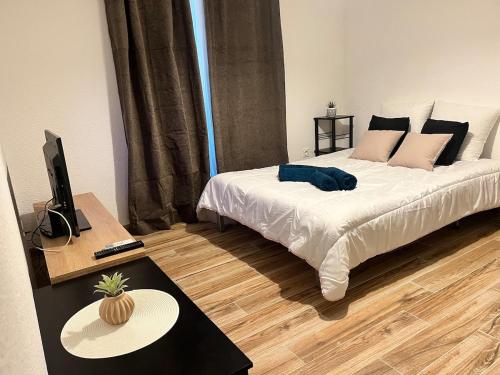 une chambre avec un lit et un bureau avec une télévision dans l'établissement Joli studio cabine 28m2 à 300m de la mer, à Canet