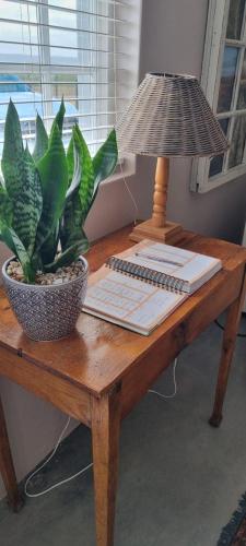 a desk with a lamp and a keyboard and a plant at Die Speelkamer in Bredasdorp