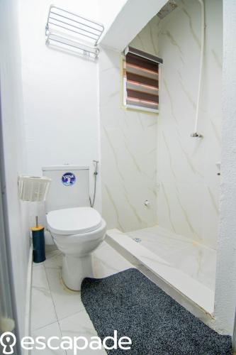 a white bathroom with a toilet and a shower at Rubys Apartment in Eregun