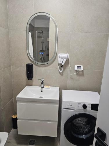 ein Badezimmer mit Waschbecken und Spiegel und einer Waschmaschine in der Unterkunft Family Apartament Mamaia in Mamaia Nord – Năvodari