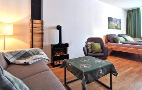 a living room with a couch and a fireplace at Hirschzauber A9 Montana Haus in Oberstdorf