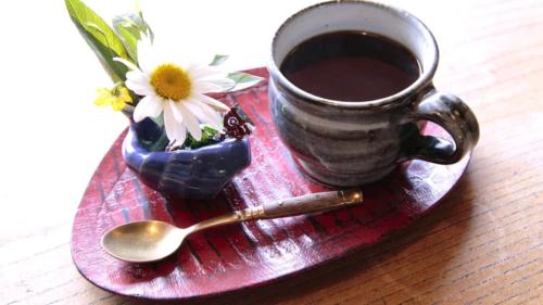 a red plate with a cup of coffee and a spoon at 中棚荘 in Komoro
