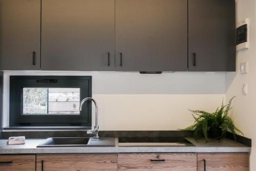 a kitchen with a sink and a window at Camping Essenza Alpina in Folgaria