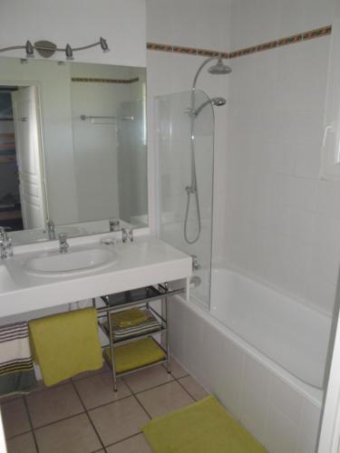 une salle de bain avec un lavabo et une douche dans l'établissement Appt vue golf dans résidence avec piscine, à Bassussarry