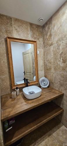une salle de bain avec un lavabo et un miroir dans l'établissement Tiny house au cœur de la petite Rome Française, à Nîmes