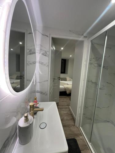 a bathroom with a white sink and a mirror at Appartement T2 Neuf Cosy et charmant in Briançon