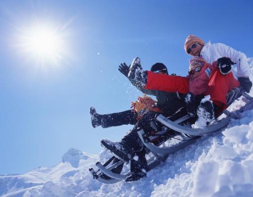 three people sitting on a sled in the snow at Ferienwohnung Schlegeli in Adelboden