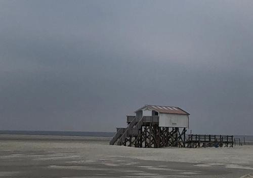 a wooden shack on a beach with the ocean at Ferienwohnung Treeneglück in Friedrichstadt