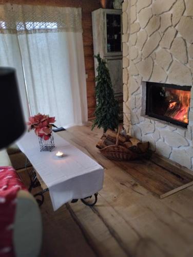 a living room with a fireplace and a christmas tree at Klimatyczny dom z bali in Powidz