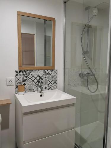 une salle de bain blanche avec un lavabo et une douche dans l'établissement 9 Charmant Studio proche gare et centre, à Valence