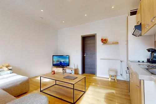 un salon avec un canapé et une table dans l'établissement Nid douillet au calme-Parking privé-Le Neptune, à Belfort