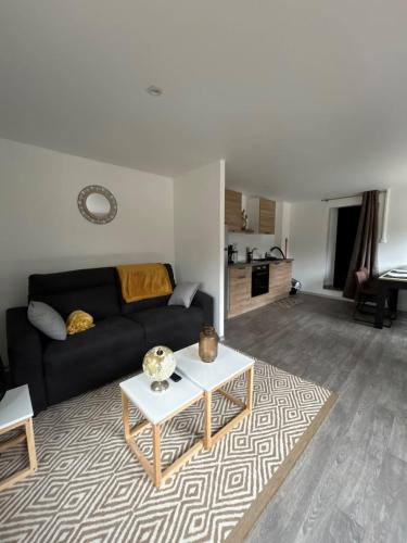 un salon avec un canapé noir et une table dans l'établissement Tiny house avec étang privé, à Frahier-et-Châtebier