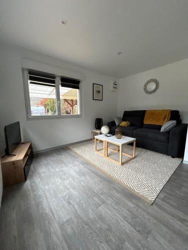 un salon avec un canapé et une table dans l'établissement Tiny house avec étang privé, à Frahier-et-Châtebier