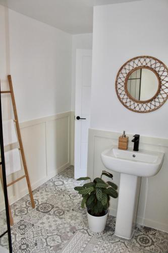 a bathroom with a sink and a mirror and a plant at Carlton House in Northampton