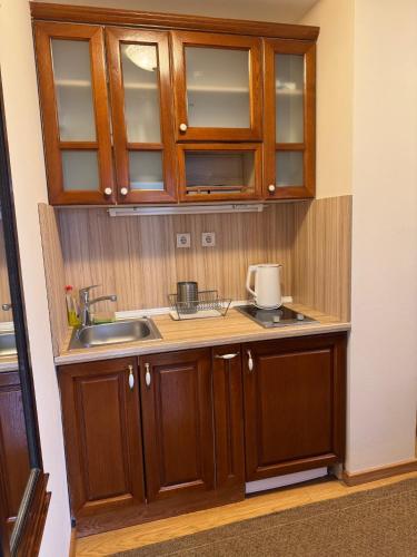 a kitchen with wooden cabinets and a sink at Mecava Lux Kopaonik in Kopaonik