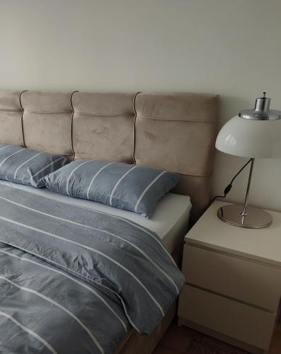a bed with two pillows and a lamp on a night stand at Apartman Sale lux in Leskovac