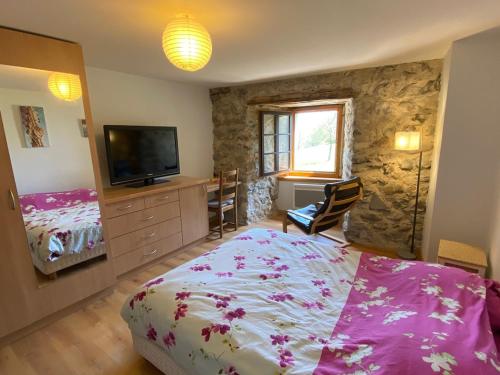 a bedroom with a bed and a tv and a stone wall at Maison de village in Yvoire