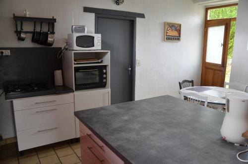 - une cuisine avec un comptoir et un four micro-ondes dans l'établissement Maison Pivert, à Saint-Denis-sur-Sarthon
