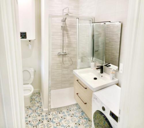 une salle de bain avec une douche, un lavabo et des toilettes dans l'établissement Le Fremyot : Apt 4 prs, 2 ch, proche Darcy et Gare, à Dijon