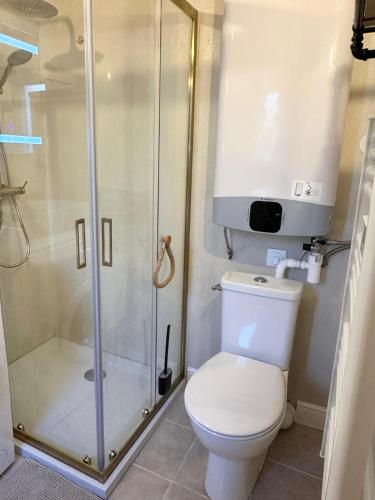 a bathroom with a toilet and a shower at Gite du paradis in Le Luc