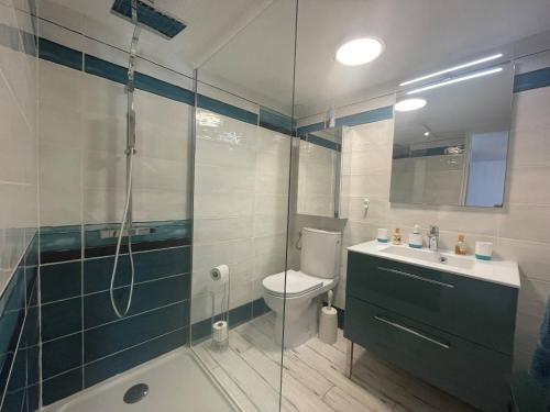 une salle de bains avec douche, toilettes et lavabo dans l'établissement Maison 2 pièces mezzanine 4 couchages ST CYPRIEN PLAGE SC180-082, à Saint Cyprien Plage