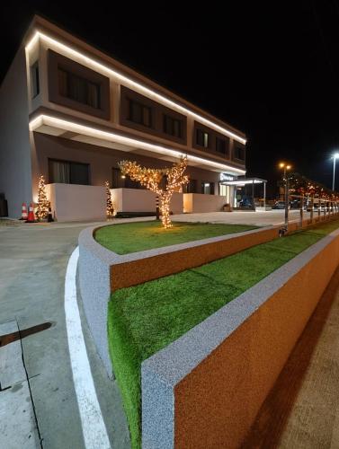 a building with a tree in front of it at night at D Suites & Rooms in Ioannina