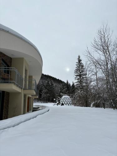 a snow covered yard next to a building at Apartments Relax Tále in Evergreen Resort in Tale