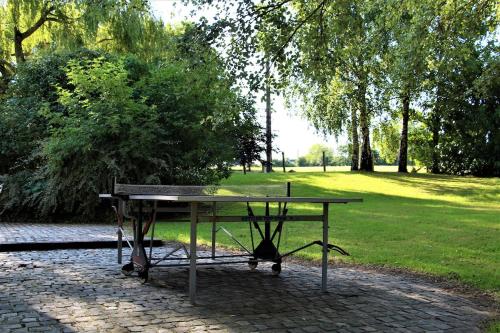 une table de pique-nique dans un parc avec un champ et des arbres dans l'établissement Le Mont Roty - 15min Deauville - 15P, à Saint-Étienne-la-Thillaye