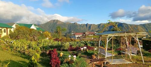 una vista di un giardino con le montagne sullo sfondo di Coza Inn a San Remigio