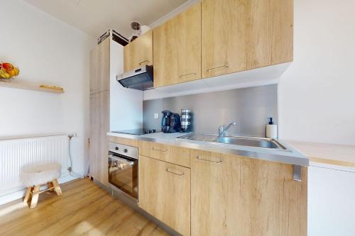une cuisine avec des armoires en bois et un évier dans l'établissement Nid douillet au calme-Parking privé-Le Neptune, à Belfort
